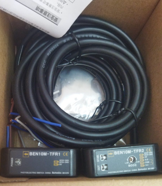 Brand: Autonics Model: BEN10M-TFR Description: Photoelectric Sensor, Through-Beam Type Sensing Distance: 10 meters Supply Voltage: 24–240 VAC/DC Output: Relay Output
