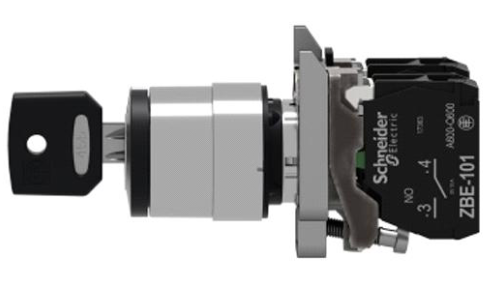 Schneider Key switch selector, metal, black, Ø22, key n°455, 3 positions, stay put, 2 NO 